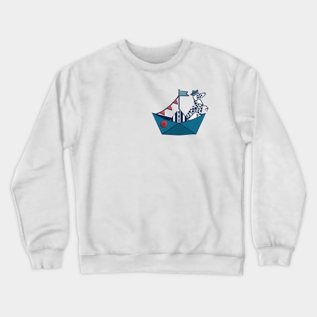 Origami Dalmatian dog day at the lake // print // teal sail boat Crewneck Sweatshirt by SelmaCardoso